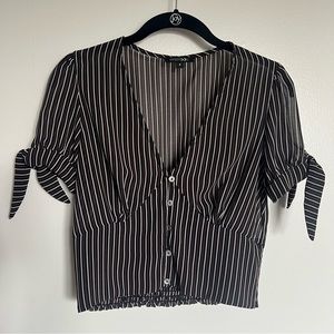 PaperMoon Striped V-neck Button Down Blouse w/ Sleeve Ties